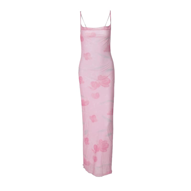 Print mesh knotted backless cami maxi dress  | Festival Outfits Women