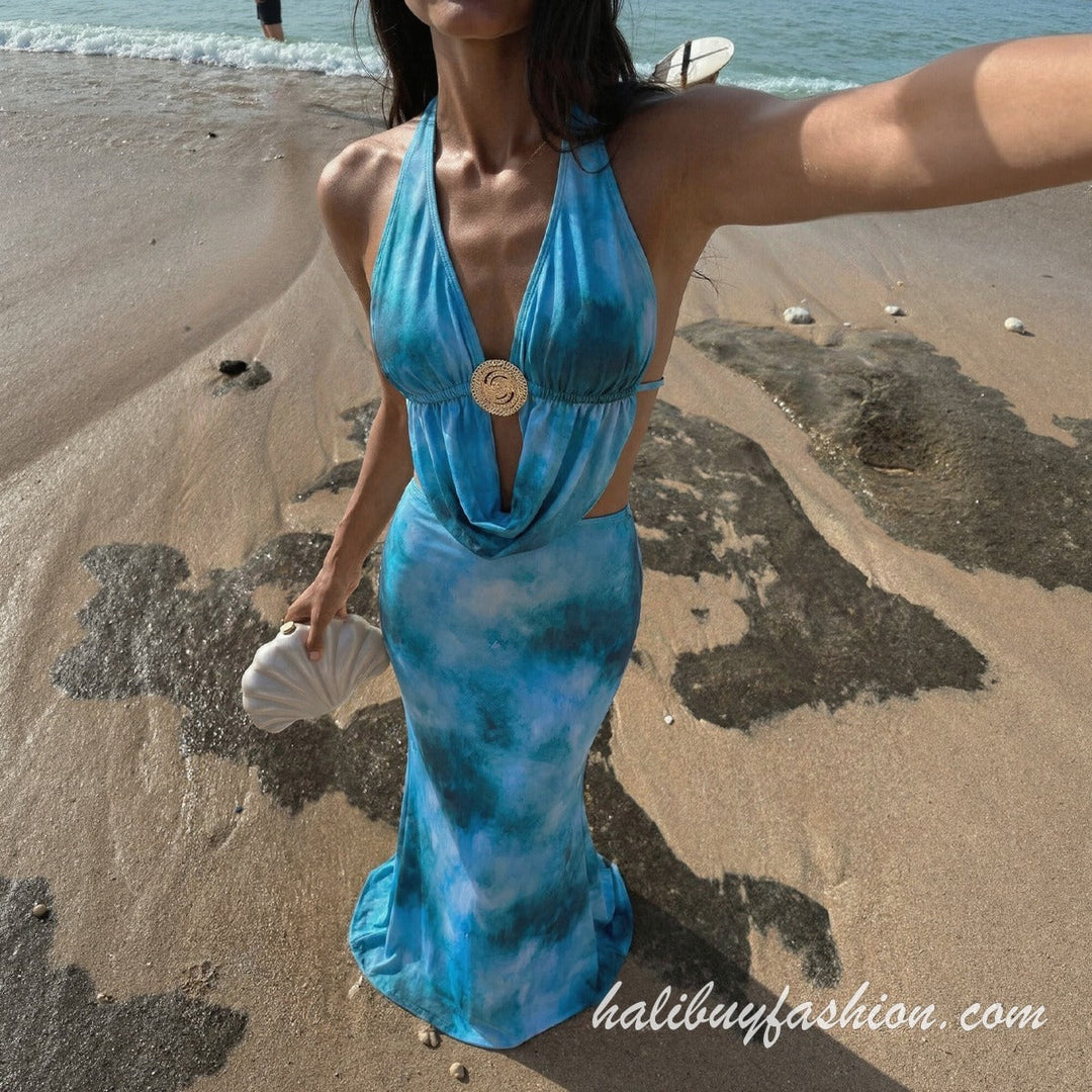 Halter tie dye backless cut out self tie swimwear - Halibuy