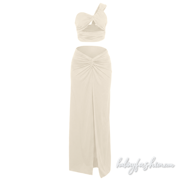 Hollow out one shoulder ruched slit maxi skirt set