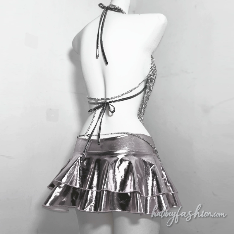 Metal chain halter hollow out cross applique top