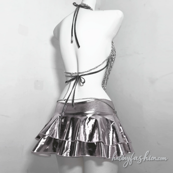Metal chain halter hollow out cross applique top