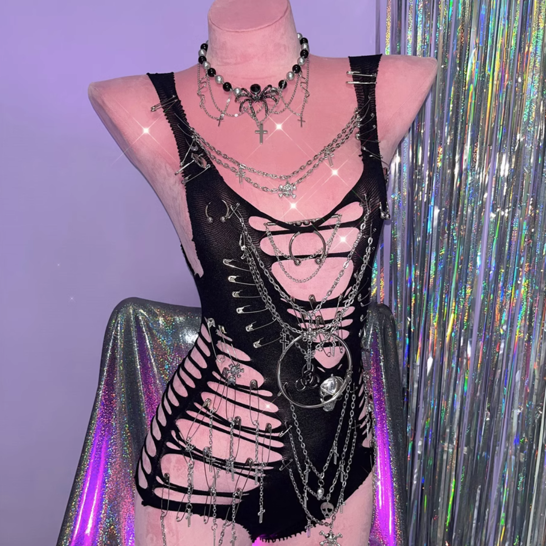 Hollow out metal chain o ring skull applique bodysuit  | Festival Outfits Women