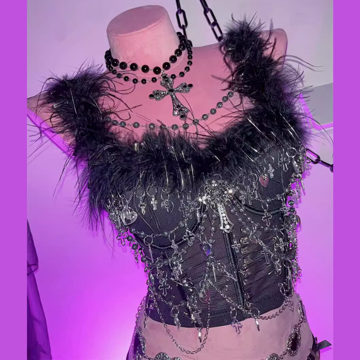 Fluffy beaded metal applique crop top  | Festival Outfits Women