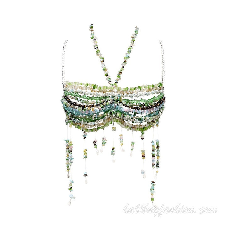 Halter beaded tassels backless metal chain top - Halibuy
