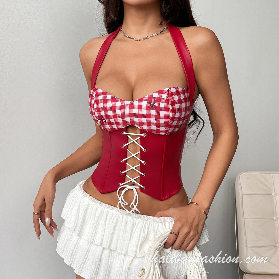 Halter corset lace up plaid patchwork zip-up top - Halibuy - 2