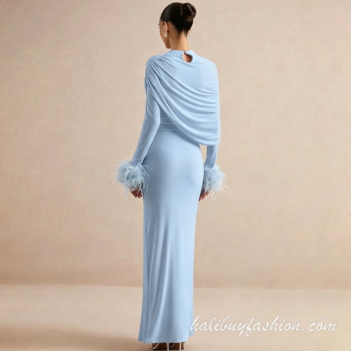 Feather long sleeve high slit solid ruched 2 piece dress maxi - Halibuy - 2