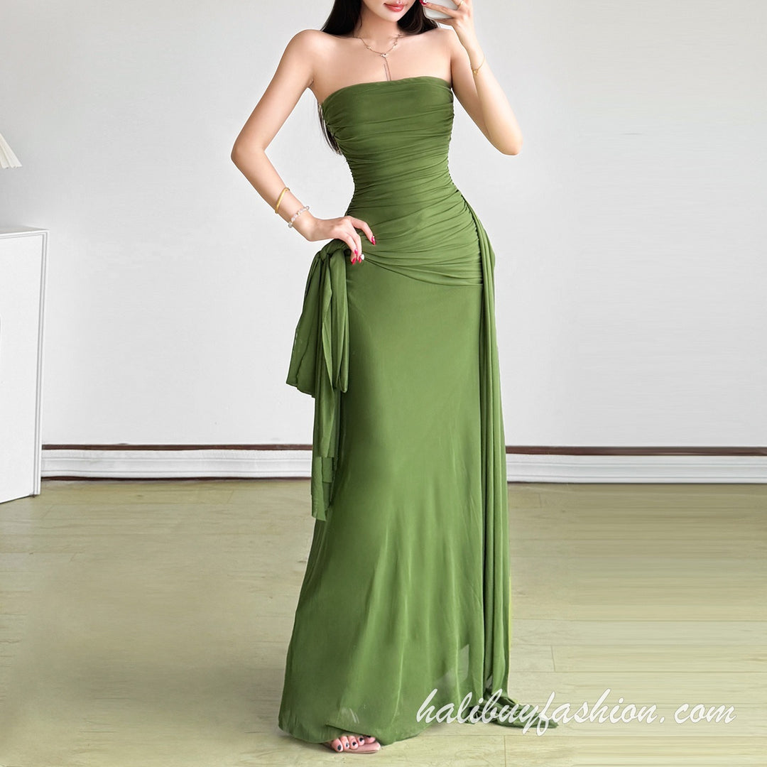 Sleeveless ruched high slit backless solid mesh tube maxi dress - Halibuy - 2