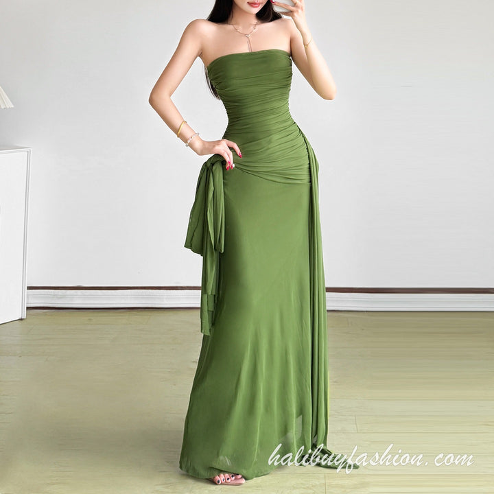 Sleeveless ruched high slit backless solid mesh tube maxi dress - Halibuy - 2