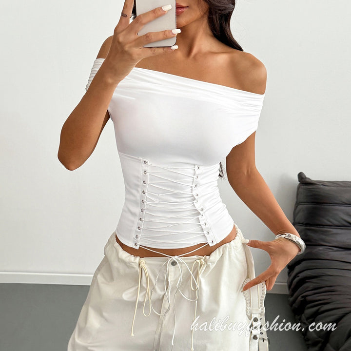 Off shoulder ruched lace up solid tank top - Halibuy - 2