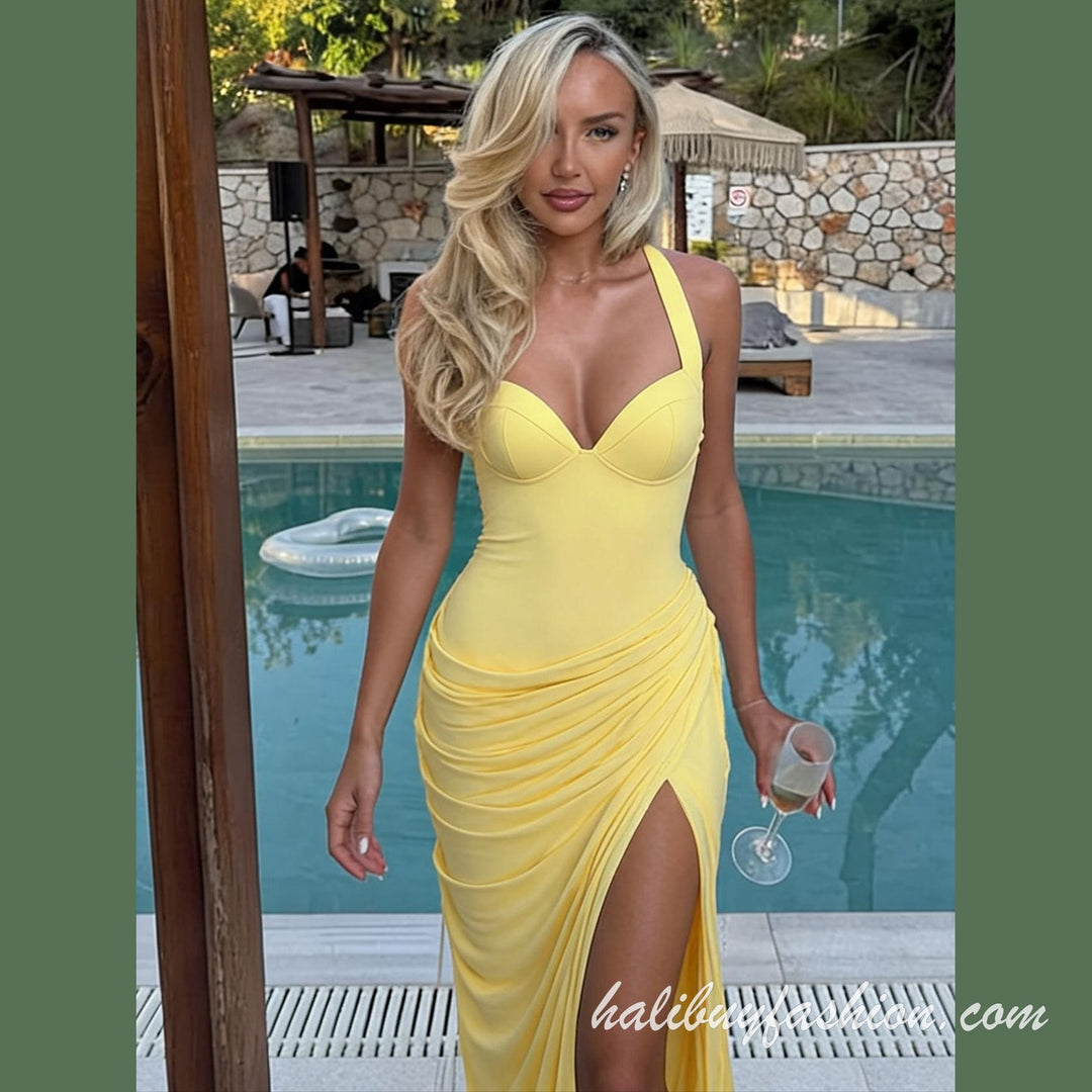 Halter backless ruched high slit solid maxi dress - Halibuy - 2