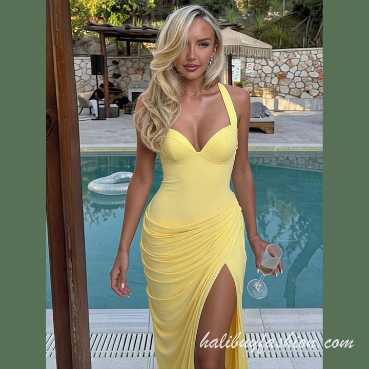 Halter backless ruched high slit solid maxi dress - Halibuy - 2