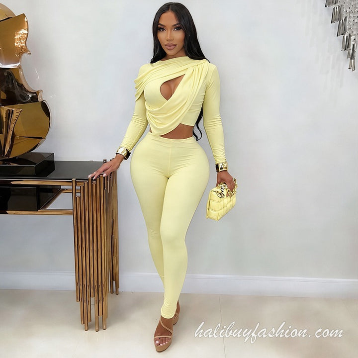 Long sleeve solid hollow out ruched knitted pant set - Halibuy - 2