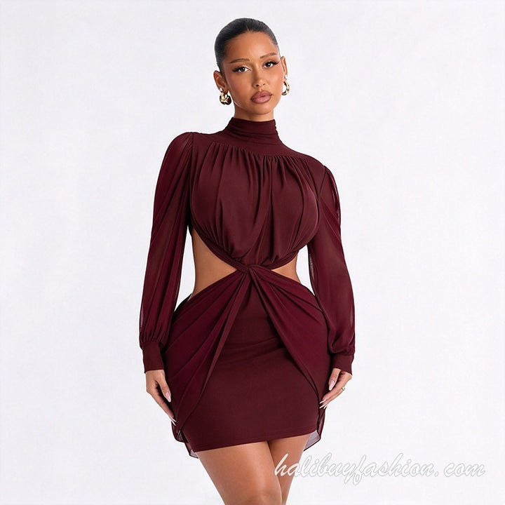 Long sleeve high neck cut out knotted solid ruched mini dress - Halibuy - 2