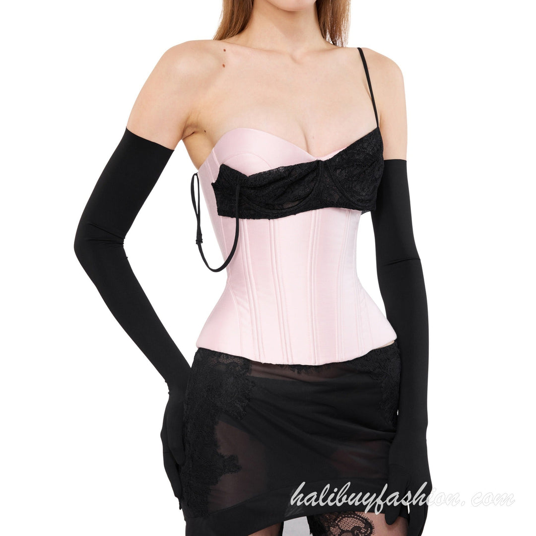 Lace patchwork lace up corset bustier top - Halibuy - 2