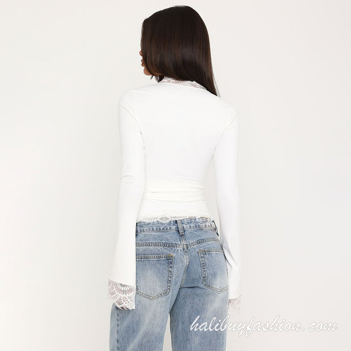 V neck long sleeve lace lace up cross front low cut top - Halibuy - 2
