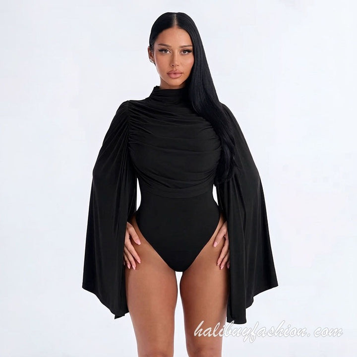 Turtle neck long flared sleeve ruched solid knit bodysuit - Halibuy - 2
