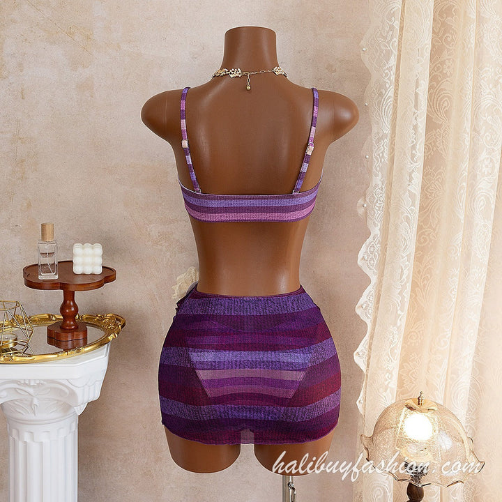 Striped mesh spaghetti strap ruched self tie swimwear - Halibuy - 2