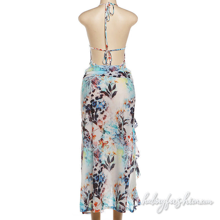 Halter self tie hollow out ruffle slit irregular midi skirt set