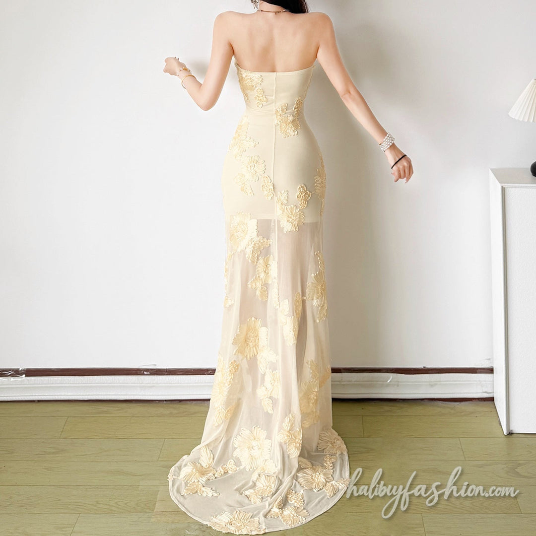 Mesh flower applique backless tube maxi dress - Halibuy - 4