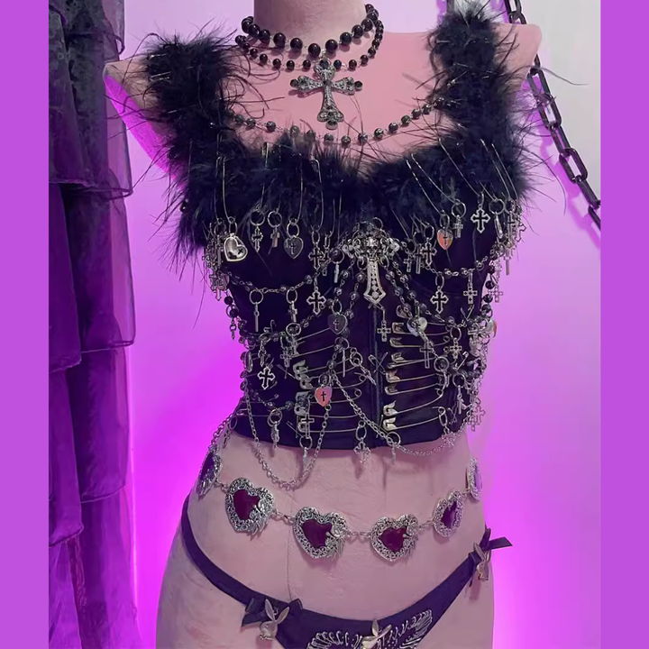 Fluffy beaded metal applique crop top  | Festival Outfits Women
