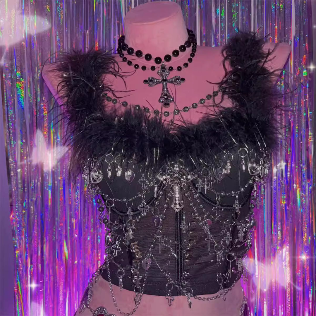 Fluffy beaded metal applique crop top  | Festival Outfits Women