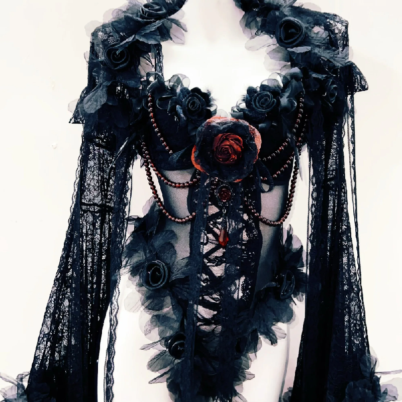 Long sleeve flower applique mesh beaded bodysuit  | Festival Outfits Women