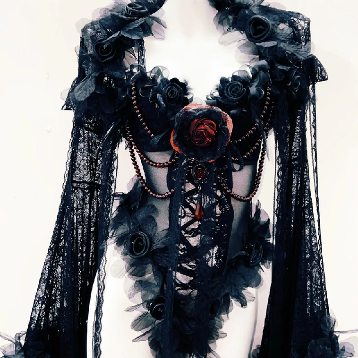 Long sleeve flower applique mesh beaded bodysuit  | Festival Outfits Women