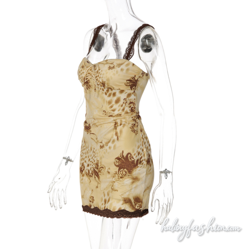 Lace hem ruched self tie print backless cami mini dress - Halibuy - 3