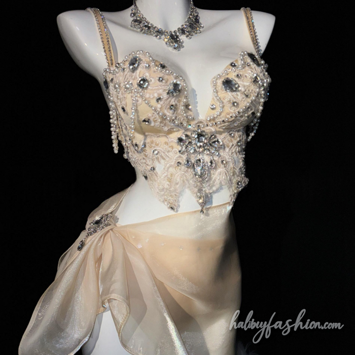 V neck beaded backless cami mini skrit set