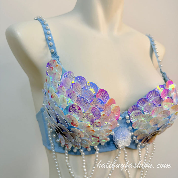 Spaghetti strap shell applique beaded glitter tassels bralette - Halibuy - 3