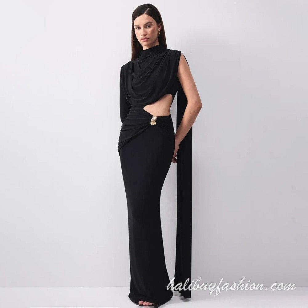 One shoulder long sleeve backless cut out high slit solid maxi dress - Halibuy - 3