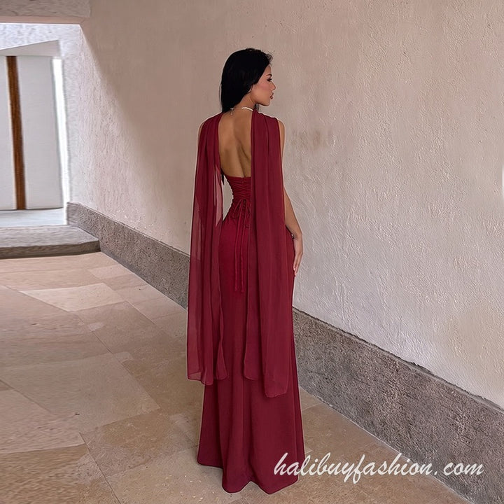 Spaghetti strap ruched drawstring backless lace up satin 2 piece dress maxi - Halibuy - 3