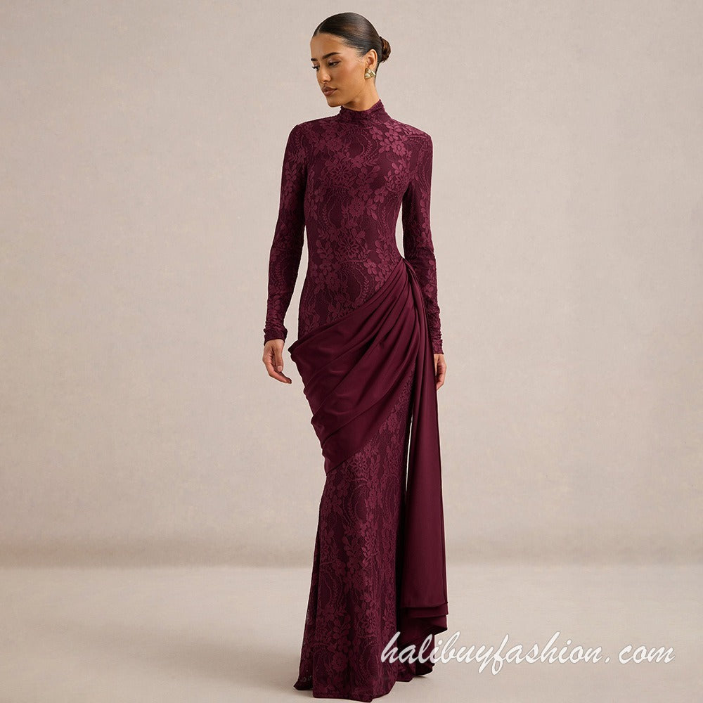 High neck long sleeve lace solid ruched patchwork maxi dress - Halibuy - 3