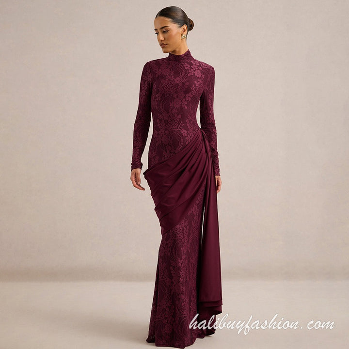 High neck long sleeve lace solid ruched patchwork maxi dress - Halibuy - 3