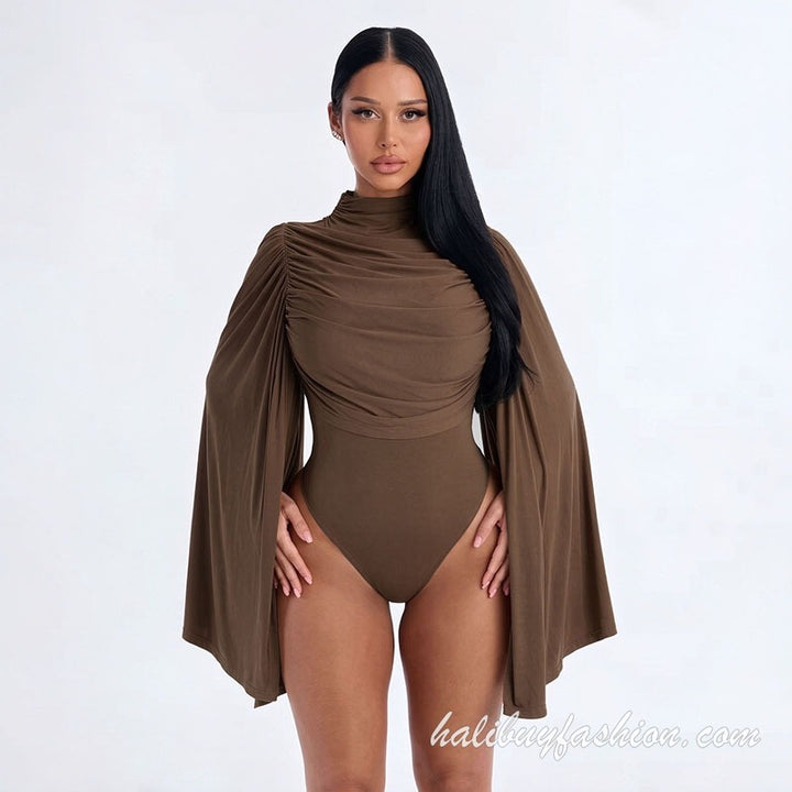 Turtle neck long flared sleeve ruched solid knit bodysuit - Halibuy - 3