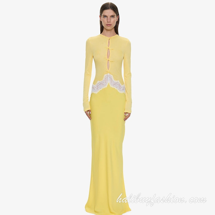 Long sleeve round neck knitted hollow out lace hem patchwork maxi dress - Halibuy - 3