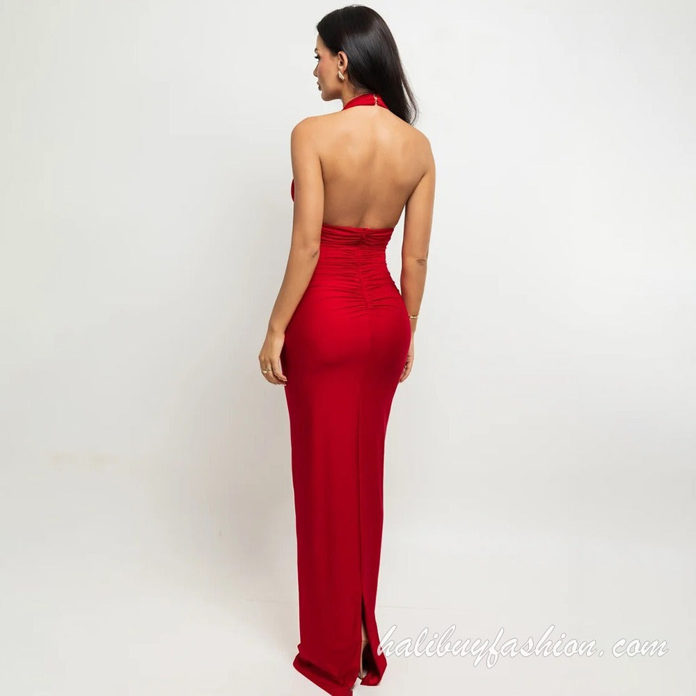 Halter deep v neck sleeveless backless ruched solid maxi dress - Halibuy - 3