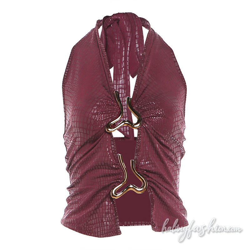 Metallic halter self tie hollow out ruched v neck top - Halibuy - 3