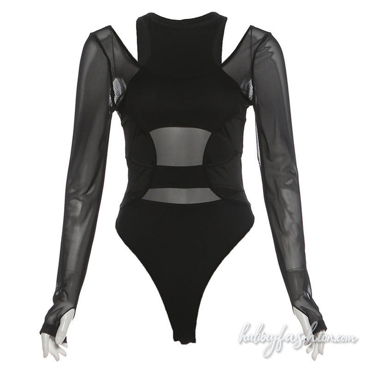 Long sleeve gloves hollow out mesh crewneck bodysuit