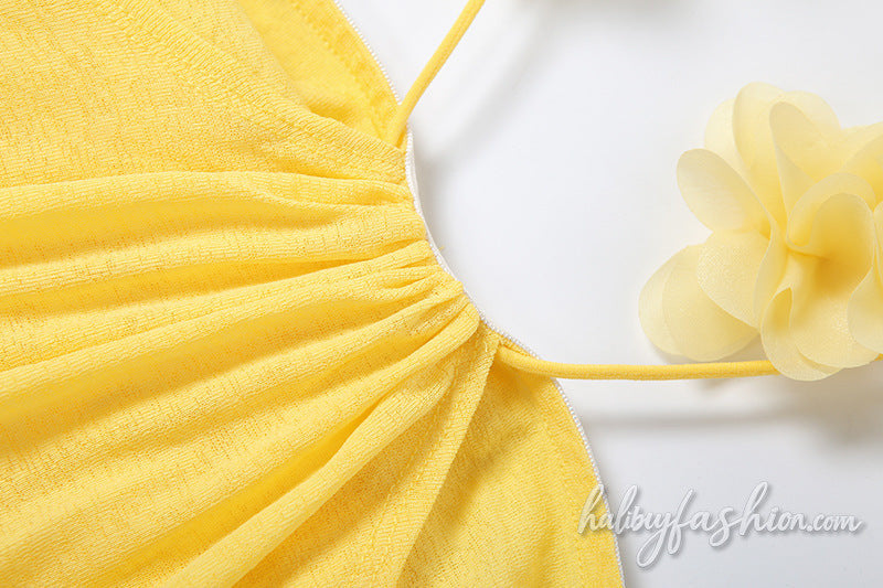 Halter ruffle ruched backless solid mini dress