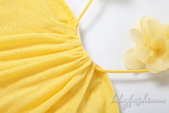 Halter ruffle ruched backless solid mini dress