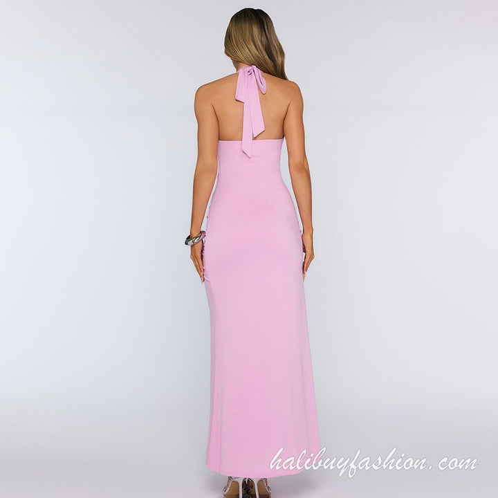 Halter deep v neck knotted ruffle high slit solid maxi dress - Halibuy - 4