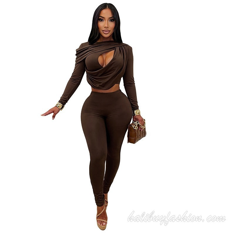Long sleeve solid hollow out ruched knitted pant set - Halibuy - 4