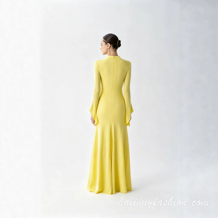 High neck long flared sleeve ruched solid button maxi dress - Halibuy - 4