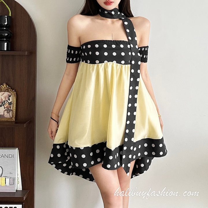 Off shoulder polka dot print irregular backless mini dress - Halibuy - 4