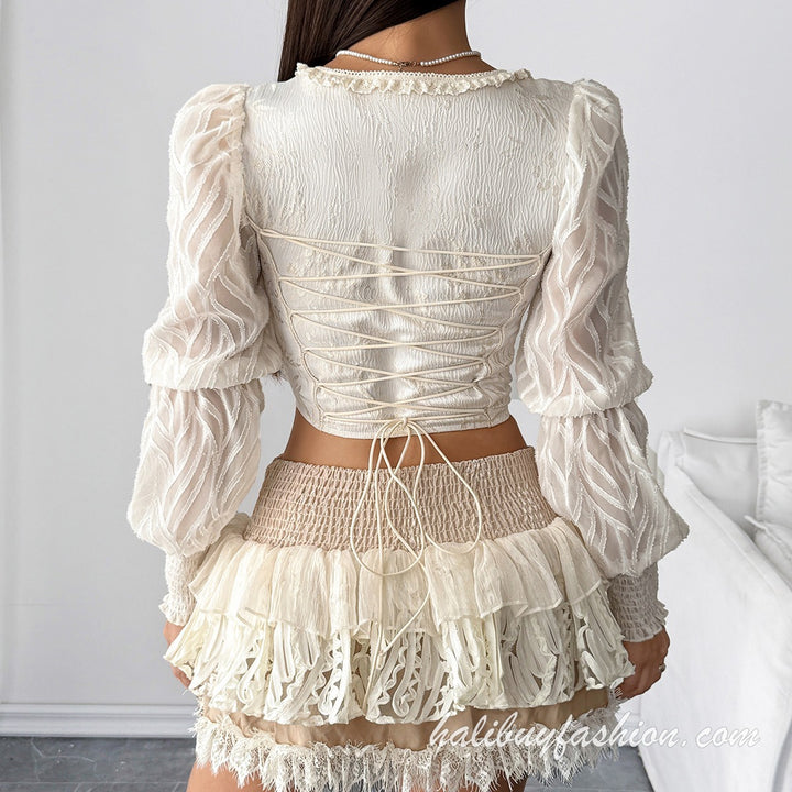 Square neck long sleeve corset lace ruffle lace up top - Halibuy - 4