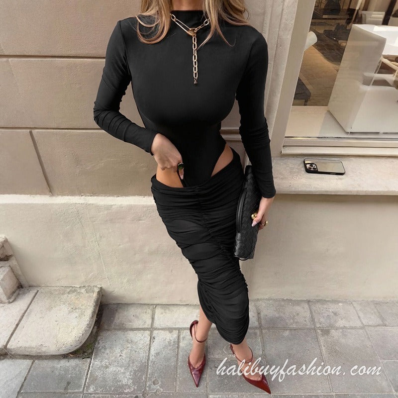 Long sleeve high neck cut out ruched mesh bodysuit - Halibuy - 4