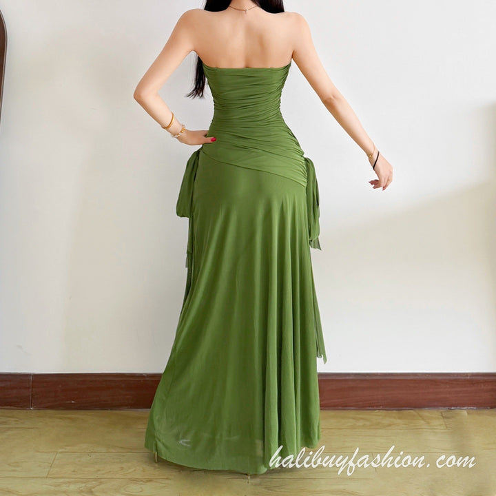 Sleeveless ruched high slit backless solid mesh tube maxi dress - Halibuy - 4