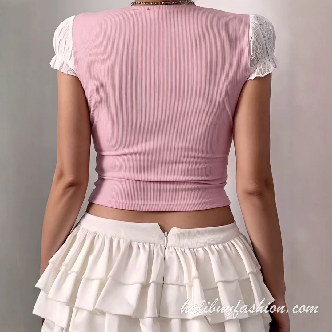 Square neck puff sleeve lace patchwork ribbed top - Halibuy - 4