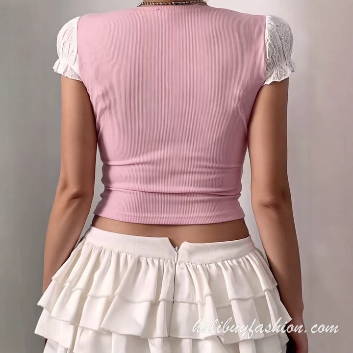 Square neck puff sleeve lace patchwork ribbed top - Halibuy - 4